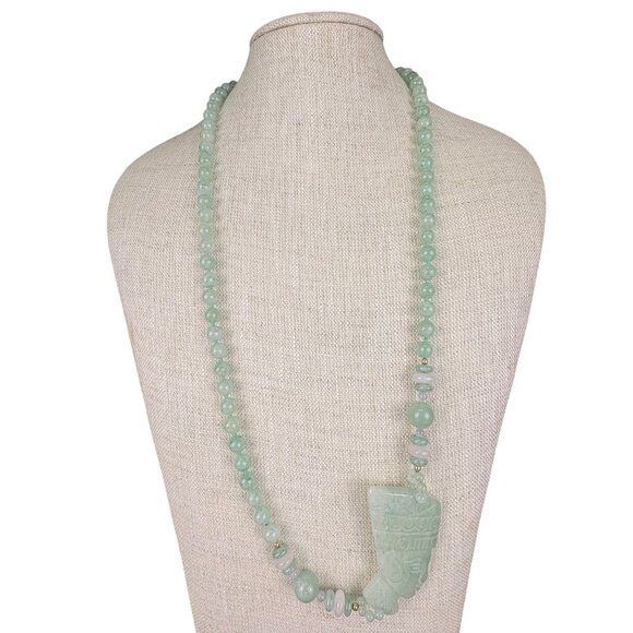 Vintage Handcrafted Green Jade Beaded Necklace Carved Egyptian Style Pendant - Picture 1 of 4